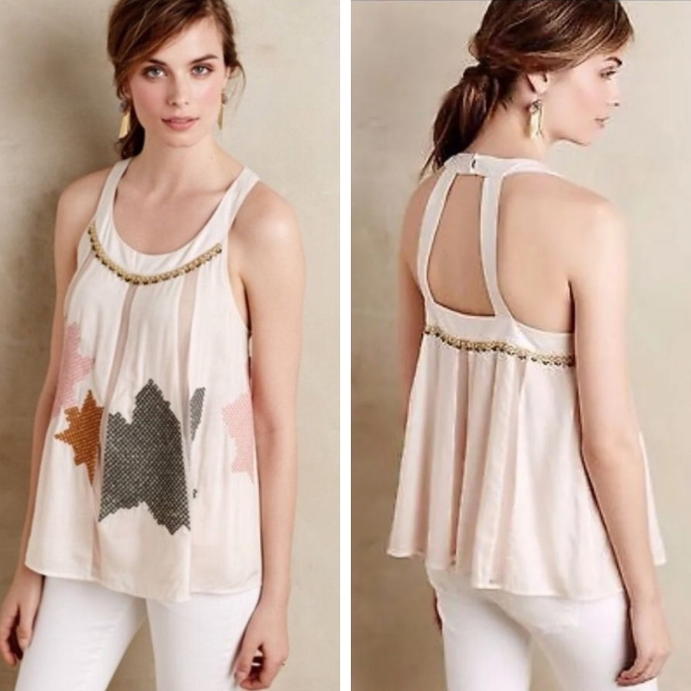 Anthropologie Floreat Pia Beaded Tank top light pink embroidered size 6